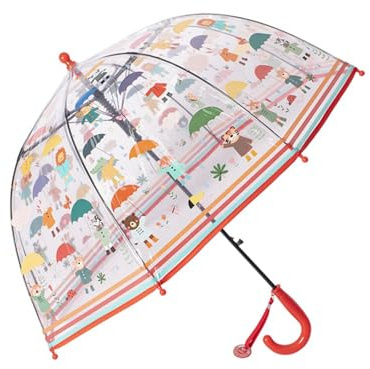 Meichoon Kinder Stockschirm mit Bärendesign Transparent 70cm/27.5'' Kuppel Wind- und regenfest Automatisch öffnend Bequemer Griff Rot