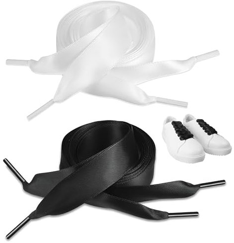 DYMHQ 2 Paar Satinband Schnürsenkel, Flache Satinband Schnürsenkel, Weiche Seiden Schnürsenkel, Breite Ribbon Schuhbänder aus Satin Geeignet, Flache Schnürsenkel für Sportschuhe (Schwarz Weiß)