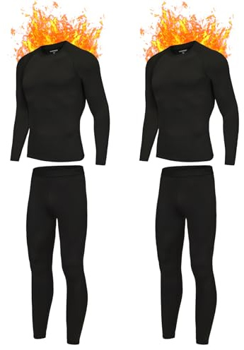 AMZSPORT Conjunto de Ropa Interior Térmica Negra para Hombres, Conjunto Invernal Ideal para Esquiar y Correr, Incluye Ropa Interior Funcional Transpirable y un Pantalón Térmico, Negro-2 Conjuntos XXL