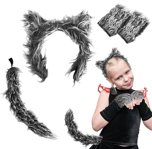 UILYNIU 4 Piezas Accesorios Disfraz de Lobo Orejas de Lobo Guantes Cola de Lobo Disfraz Peludo Lobo Disfraz de Halloween Niños Adultos Lobo Cosplay Disfraz de Animales para Fiesta Halloween (4 Piezas)