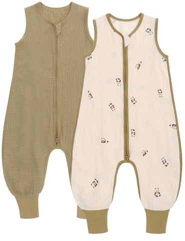 amo nenes 2er Pack Baby Schlafsack Sommer mit Füßen 0.5 Tog Sommerschlafsack 100% Baumwolle Musselin Atmungsaktiv für Jungen und Mädchen, Panda, 1-2 Jahre
