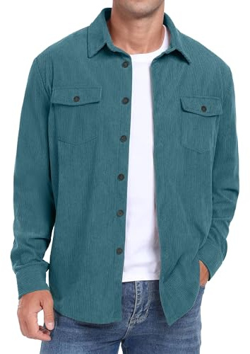 QIXING Chemise en velours côtelé à manches longues pour homme - Coupe droite - Automne - Hiver - Avec poches à rabat | Col rabattable avec deux poches à rabat pour une finition soignée. Velours côtelé doux et durable pour une superposition sans