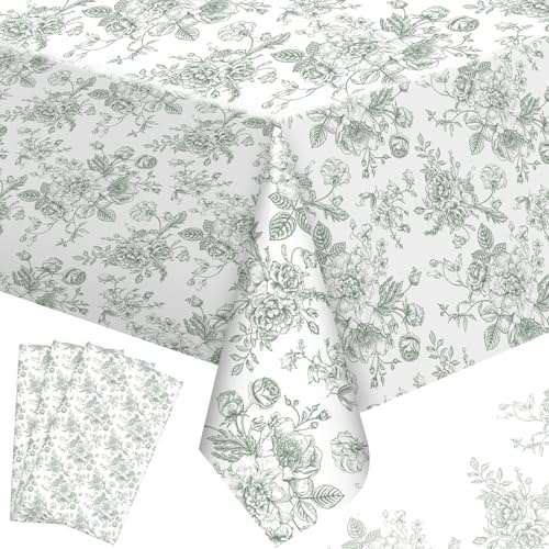 Buryeah 4 Pcs Sage Green Floral Tablecloth for Tea Party Rectangle Disposable Plastic Table Cloth Flower Table Cover for Summer Picnic Wedding Garden Birthday Baby Shower Party Favors, 54 x 108 Inch