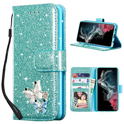 UEEBAI hopfällbart skal för Samsung Galaxy S24/S25 5G, PU läderskal glitter 3D fjäril flip fodral med kortfack skyddsfodral stativfunktion plånbok med bärband mobilskal, mintgrön