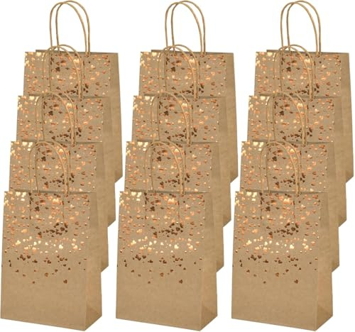 12 Bolsas de Regalo de Papel Kraft con Asas, Bolsas de Papel para Regalo de fiesta, Bolsa Kraft con Oro, Bolsa de Regalo para fiestas, Cumpleaños, Bodas y Navidad