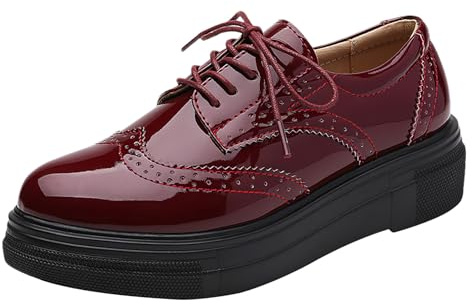 ANUFER Femmes Élégant à Lacets Brogues Plateforme Faux Cuir Verni Désinvolte Baskets Chaussures SN0701109 Bourgogne EU41