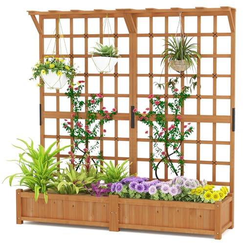 HOMASIS 2 Stück Blumenkasten mit Rankgitter & Dachregal, Pflanzkasten mit Spalier, 180 cm Pflanzkübel Hochbeet aus Holz, Rankhilfe für Blumen & Kletterpflanz, Pflanzgefäß für Garten Balkon Terrasse