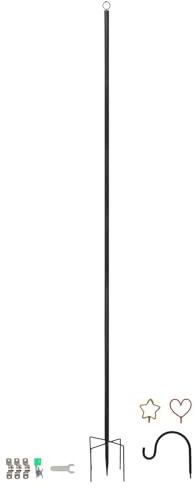 Harbour Housewares Outdoor Festoon Pole with Interchangeable Heads - 0.6-2.5M - Black - 1x Tall Heavy-Duty Shepherds Hook Garden Pole Hooks Stand for Bird Feeder, Hanging Baskets, String Lights