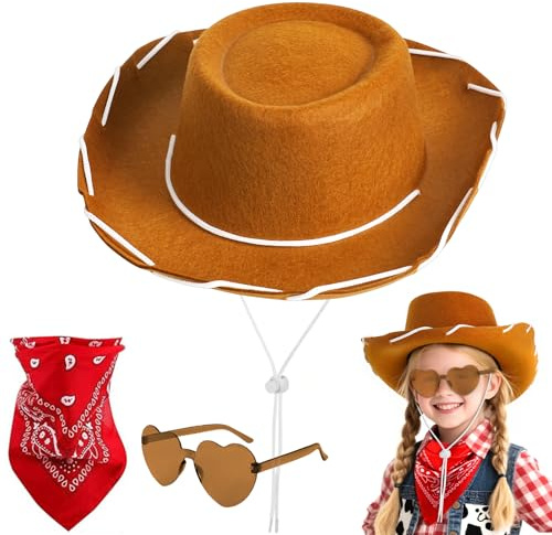 AUYAO Cappello da Cowboy per Bambini, Accessori per Costumi da Cowboy Cappelli, 3PZ Occidentale Cappello per Bambini, con Bandana Occhiali, Western Cappello da Cowgirl per Halloween Feste Carnevale