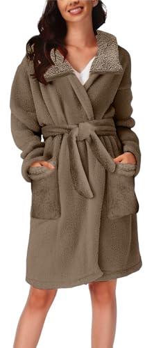Women's Terry Towelling Dressing Gown Short Lapel Pyjamas Plain Bathrobe Warm Sleepwear with Belt Bathrobe Kimono Bathrobe Loose Leisure Suit Winter House Coat Women's Bathrobe, brown, L