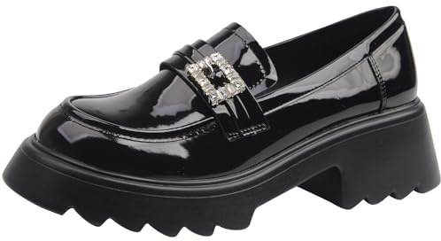 Eestfy Mocasines con Plataforma de Cuero Patentado para Mujer Negra Suela de Tacos Gruesa Zapatos Slip On Estilo Británico Zapatos de Vestir Casuales para Oficina y Calle,Black Thin,40 EU