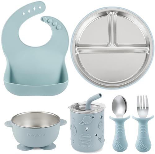PandaEar Set Pappa 6-in-1 in Acciaio Inox per Bambini | Piatto Diviso con Ventosa, Ciotola, Bicchiere con Cannuccia, Bavaglino, Cucchiaio e Forchetta | Accessori per l'Autosvezzamento Senza BPA (Blu)