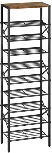 IBUYKE Zapatero Vertical con 10 Niveles, Estantería para Zapatos Alto Estrecho para 20 Pares, Zapatos Esquinero con Estante para Entrada Pasillo Sala de Estar, Marrón Rústico y Negro TXJ011H