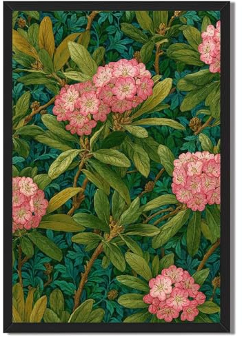 Framed Pink Rhododendron Floral Poster Canvas Print Art Vintage Elegant Wall Art Painting Pictures Wall Decor for Living Room Bedroom Home Decor Decoration (Black Framed,12L X16W)