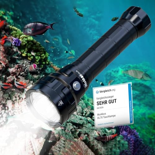 Wurkkos DL70 - Linterna de buceo (13.000 lúmenes, 4 x XHP50.2 LED, linterna subacuática superbrillante, con 2 baterías recargables de 5000 mAh y cargador)