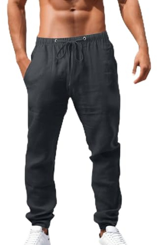 Generico Pantaloni Uomo Lino - Larghi Vita Elastica Classico Cotone di Lavoro Palestra Estivi Baggy Casual in Tinta Unita Leggeri con Taglio Largo Coulisse per Vacanze Spiaggia Uso Quotidiano