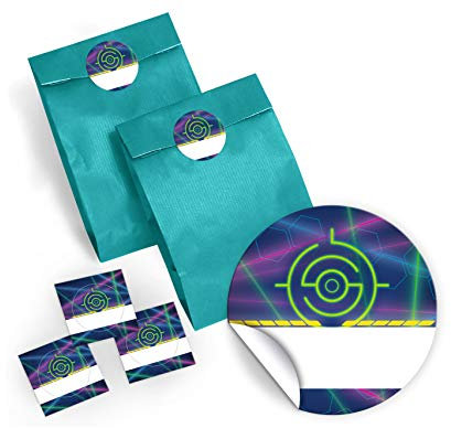 JuNa-Experten 8 Geschenktüten/blau + 8 Aufkleber Lasertag Laser Tag für Mitgebsel Gastgeschenke beim Kindergeburtstag Mädchen Jungen