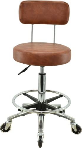VAKON SALON - Premium Rollhocker in Hellbraun mit Lehne und Fußring - Höhenverstellbar 55-75 cm - Rundsitz Drehhocker Arbeitshocker Praxishocker