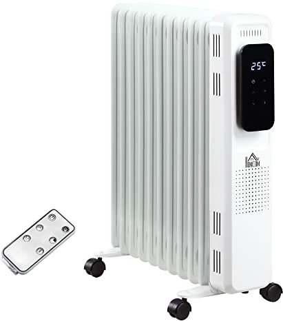 HOMCOM 2500W Oil Filled Radiator, 11 Fin Portable Electric Heater with LED Display, 24H Timer, 3 Heat Settings, Adjustable Thermostat, Safety Cut off, Remote Control, White