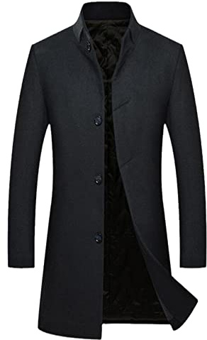 Manteau en laine épaisse pour homme en cachemire à simple boutonnage décontracté fin avec col montant, Noir , L