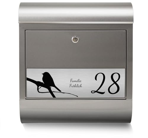 banjado Edelstahl Briefkasten personalisiert mit Namensschild in Silber - Wandbriefkasten aus Edelstahl - Postkasten mit Hausnummer, Namen & Motiv Früher Vogel - Briefkasten mit Zeitungsfach