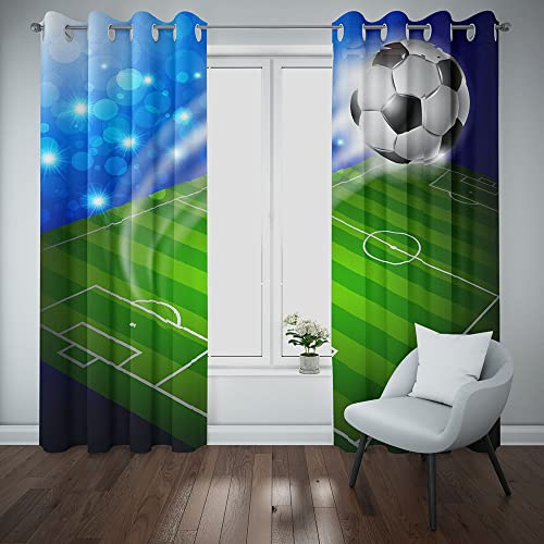 MUZHILI Football Curtains Eyelet Blackout Thermal Insulated Window Drapes with Sports Theme Flame Soccer Print Pattern for Kids Boys Bedroom Living Room (W117cm (46) x D137cm (54))