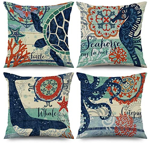 ASDCXZ Maritim örngott 40 x 40 cm uppsättning om 4, retro maritim hippocampus havssköldpadda soffa dekorativa kuddar örngott tvättbar polyester linne textil stoppning örngott
