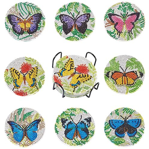 FASHEWELRY 8pcs 4 Inch Butterfly Diamond Painting Coasters Green Insect Farmhouse 5D Diamond Coasters Art Kits with Holders DIY Arts and Crafts for Adults