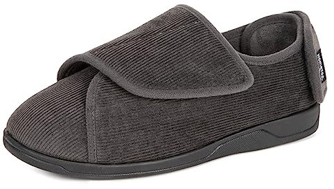 HomeTop Men's Corduroy Slippers Comfy Adjustable Hook and Loop Memory Foam Wide Indoor House Shoes for Diabetic Swollen Feet Dark Grey, 10 UK