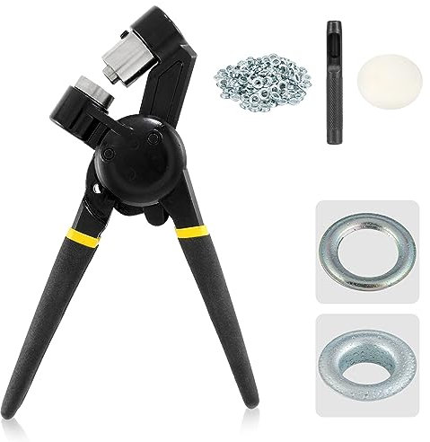 Dyna-Living Kit di punzonatura per occhielli con pinza a mano con 500 occhielli antiruggine argento con perforatore nero da 10 mm, manuale portatile in metallo per cinture, artigianato, poster in