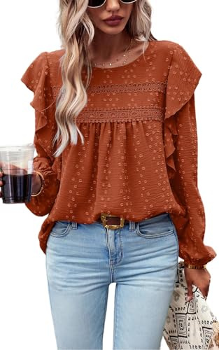 PRETTYGARDEN Long Sleeve Blouses for Women Dressy Casual Chiffon Swiss Dot Crochet Loose Fit Tunic Tops Spring Outfits 2026 (Brick Red, M)