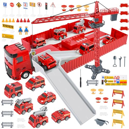 FORMIZON Feuerwehrauto und Baustellenfahrzeuge Kinder Set, Transporter LKW Spielzeug mit Musik & Lichter, 6 Mini Feuerwehrautos, Kran Spielzeug (Rot)
