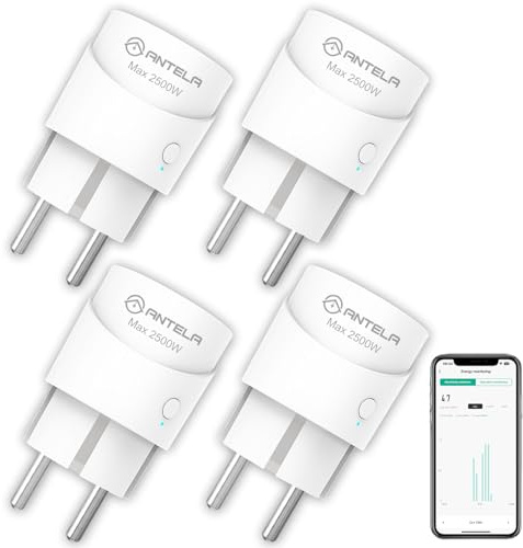 ANTELA Enchufe Inteligente Wifi 10A 2500W con Monitor de Energía, Compatible con Alexa y Google Home, APP Tuya/Smart Life, Temporizador,4pcs