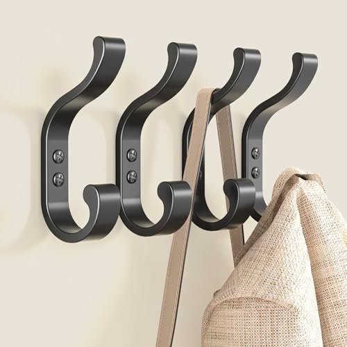 Large Wall Hooks for Hanging Coats - Black Heavy Duty Coat Hooks Wall Mounted, Screw-in Hooks for Towels, Clothes, Backpacks, Bags, Robes, Hats, Keys - Closet and Bathroom Hook Hangers