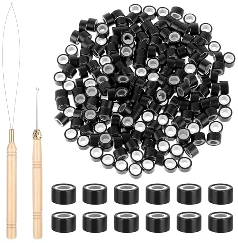 Lot de 200 perles pour extensions de cheveux 4 mm - Doublées en silicone - Avec aiguille à crochet - Kit d'outils pour extensions de cheveux (noir)