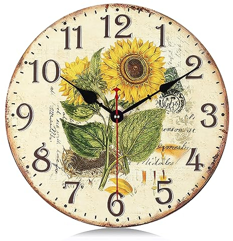 Lafocuse 30cm Orologio da Parete Girasole Silenzioso Vintage, Rustico Floreale Orologio Legno Shabby Chic, Retro Deco Senza Ticchettio per Soggiorno Camera da Letto Cucina Ufficio