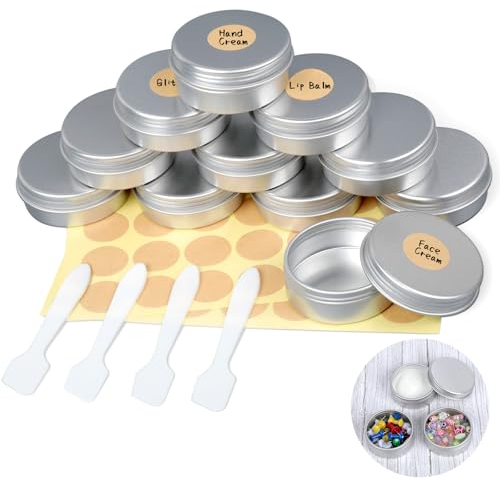 AiQInu 11 Pièces Pots en Aluminium, 20ml Contenant Cosmetique Vide, Petite Boite Hermetique Metal avec Mini Spatule et Étiquettes, pour Maquillage, Crème, Baume à Lèvres, Mini Bougies