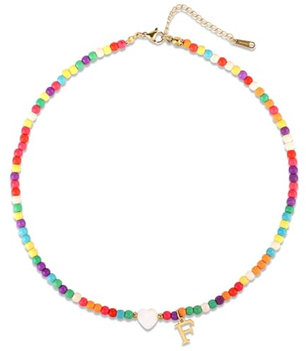 Collana Perline con Iniziale, Collana di Perline con Conchiglie a Cuore Collana con Ciondolo a Forma di Lettera Regali Personalizzati dalla A Alla Z Fatti a Mano per Donne Ragazze (Lettera F)