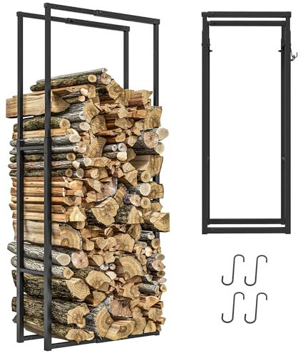Outsunny Firewood Log Rack, Retractable Metal Wood Store Holder, Indoor Outdoor Fireplace Log Storage Shelf with Hooks, 65 x 25 x 150 cm, Black