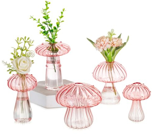Glasseam Small Mushroom Vase for Decor: 5Pcs Pink Plant Propagation Station | Glass, Mini, Cute, For Flowers, Herb, Bud, Cuttings, Living Room, Kitchen, Home Table Decoration, Gift for Mum, Plant Lovers