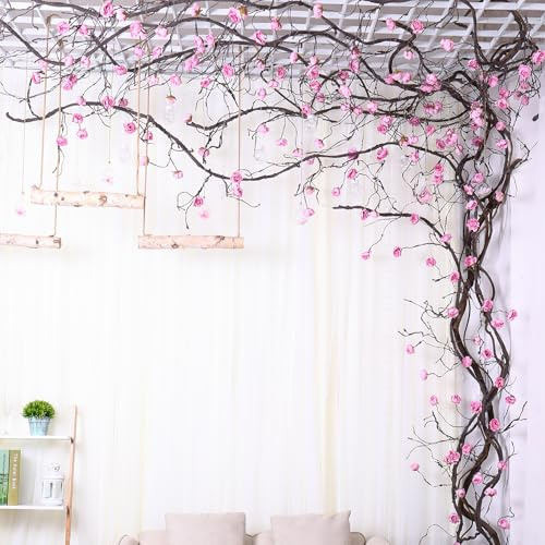 1PCS 300cm/118inch Large Flexible Artificial Tree Fall Vines Twine Wood Branches with Peony Flowers Garland Twig Reptile Climbing Fake Plants for Wedding Arch Christmas Wall Door Hanging Decoration
