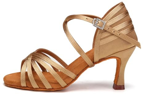 AOQUNFS Zapatos de Baile Latino Mujer Tacón Zapatos de Salsa Samba Tango Bachata Rumba Práctica y Actuación de Salon,2324-Beige-7.5cm,EU39