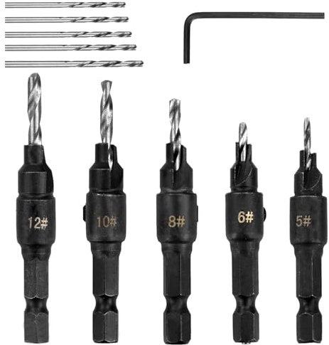 Juego de Brocas Avellanadoras, 5 piezas Juego de Brocas de Avellanado de Madera, Broca Espiral HSS, con una llave Hexagonal, Sjuste de Profundidad Desmontable, para Tornillos #5, #6, #8, #10, #12