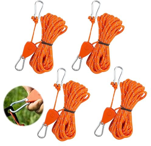 ATSGLZN Seilratsche 4M,4 Stück Winddichtes Outdoor Seil mit Ratsche,Abspannseile mit Seilspanner für Outdoor Camping Markise(Orange)