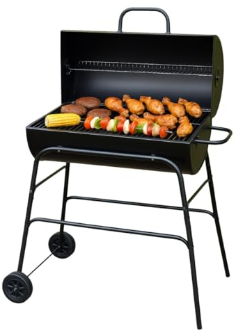 Trendi Charcoal BBQ Grill & Smoker – Portable Barrel Barbecue with Warming Rack, Adjustable Air Vents & Wheels – Large Outdoor Garden BBQ for Grilling Meat, Fish & Vegetables