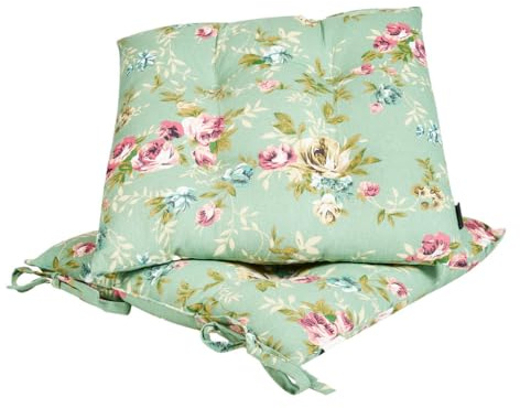 Dining Chair Seat Pad Set of 2 Tie On Floral Print Chair Cushions (Green) | Machine Washable, Tie-On, 100% Cotton, Recycled Polyester Fibre Filling, Floral Print, Seat Pad, Chair Cushion
