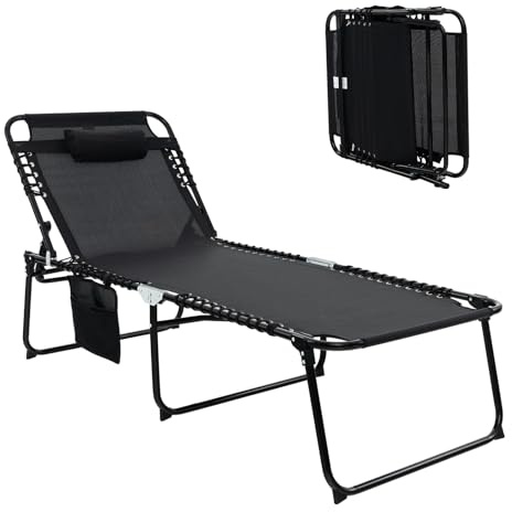 COSTWAY Folding Sun Lounger, 4-Level Adjustable Garden Reclining Chaise Lounge Chair Sunbed with Pillow and Side Pocket, Portable Outdoor Sunbathing Recliner for Patio Pool Beach (Black, 168x69x86cm)
