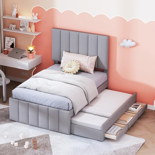 Letto per bambini Huayz 90x200 cm, letto singolo con letto estraibile e 3 cassetti di archiviazione per 2 bambini, letto per ospiti con rete a doghe, testata regolabile, in lino, senza materasso