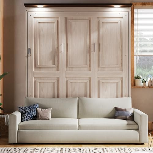 VilroCaz Queen Size Murphy Bed with 2 Seat Sofa and Light, Wood Foldable Platform Bedframe for Guest Room Home Office, Space-Saving Wall-Mounted Design