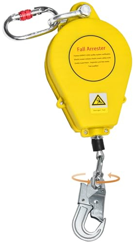 VFDZ Imbracatura di Sicurezza Anticaduta Tetto, Dispositivo Anticaduta Retrattile Certificato 10m/15m/20m, 150 kg Dispositivo Sicurezza Anticaduta per Tetto Migliorato con Gancio Rotante(Giallo,10m)